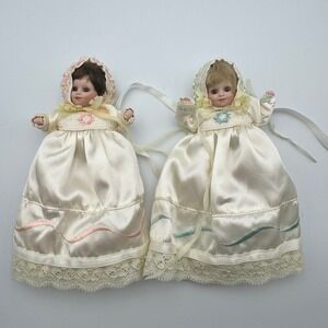 Vintage Porcelain Dolls Set of 2 Christening Gown‎ Lace Ribbon Heirloom Keepsake